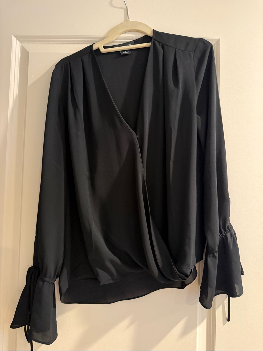 Trouve Black Draped Wrap Blouse with Tie Cuffs